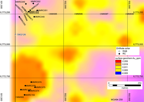 Figure 13: Hurley & T17 target area drill hole location and gold geochemistry