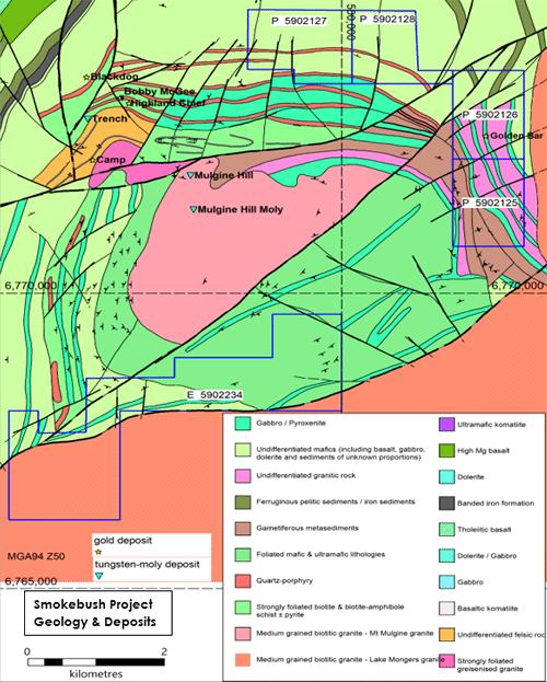 Figure 2: Interpreted Geology Mt Mulgine with the Smokebush tenements in blue outlines