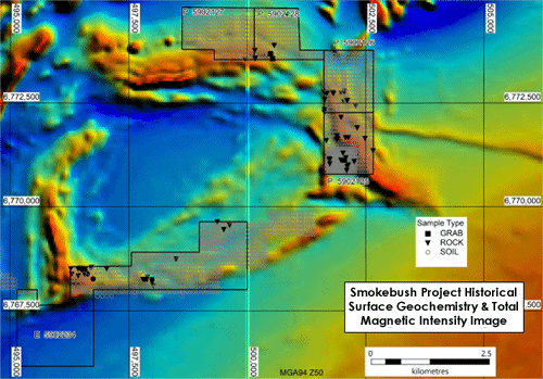 Figure 4: Thematic map showing historical surface geochemical samples