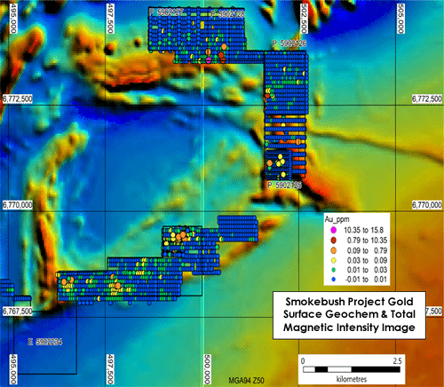 Figure 5: Thematic map of surface gold geochemistry